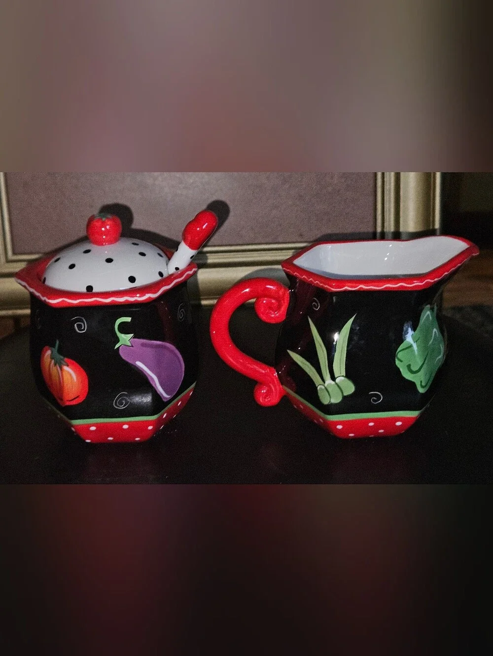 Coyne's & Company Black & Red Ceramic Tomato Sugar Jar and Creamer Set